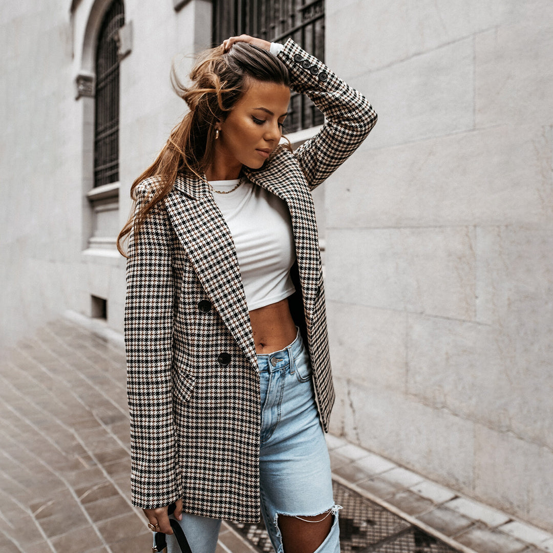 Women's printed plaid double-breasted blazer