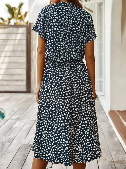 Women’s Midi Dress – Relaxed Fit – Button-Down – Short Sleeve – Breathable Blend – Cinched Waist