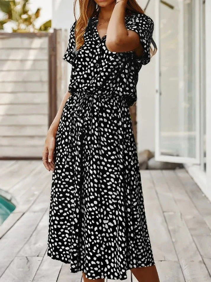 Women’s Midi Dress – Relaxed Fit – Button-Down – Short Sleeve – Breathable Blend – Cinched Waist