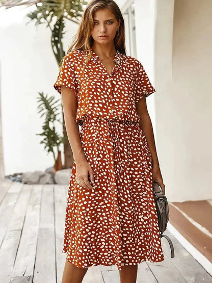 Women’s Midi Dress – Relaxed Fit – Button-Down – Short Sleeve – Breathable Blend – Cinched Waist