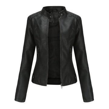 Women's pu leather jacket with zipper closure and stand collar