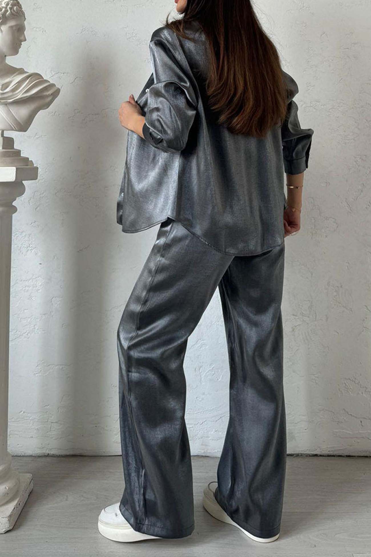 Women’s Loungewear Set – Satin Feel – Relaxed Fit – Button Down Top & Wide Leg Pants