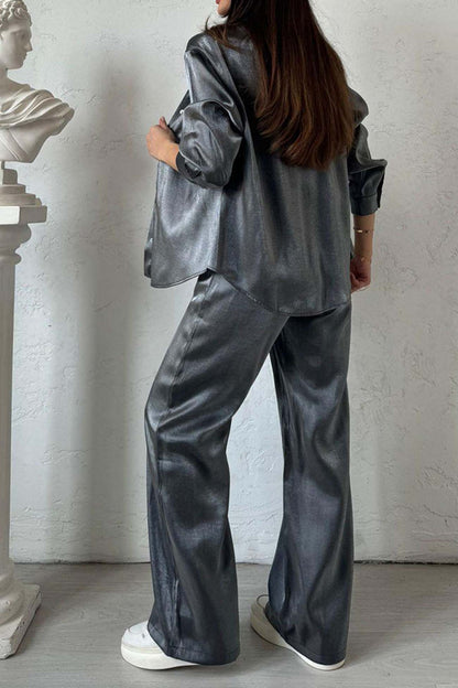 Women’s Loungewear Set – Satin Feel – Relaxed Fit – Button Down Top & Wide Leg Pants