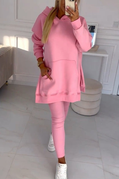 Women's mid-length slit hoodie sweatshirt and leggings set