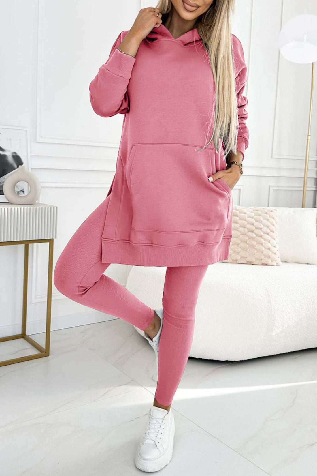 Women's mid-length slit hoodie sweatshirt and leggings set