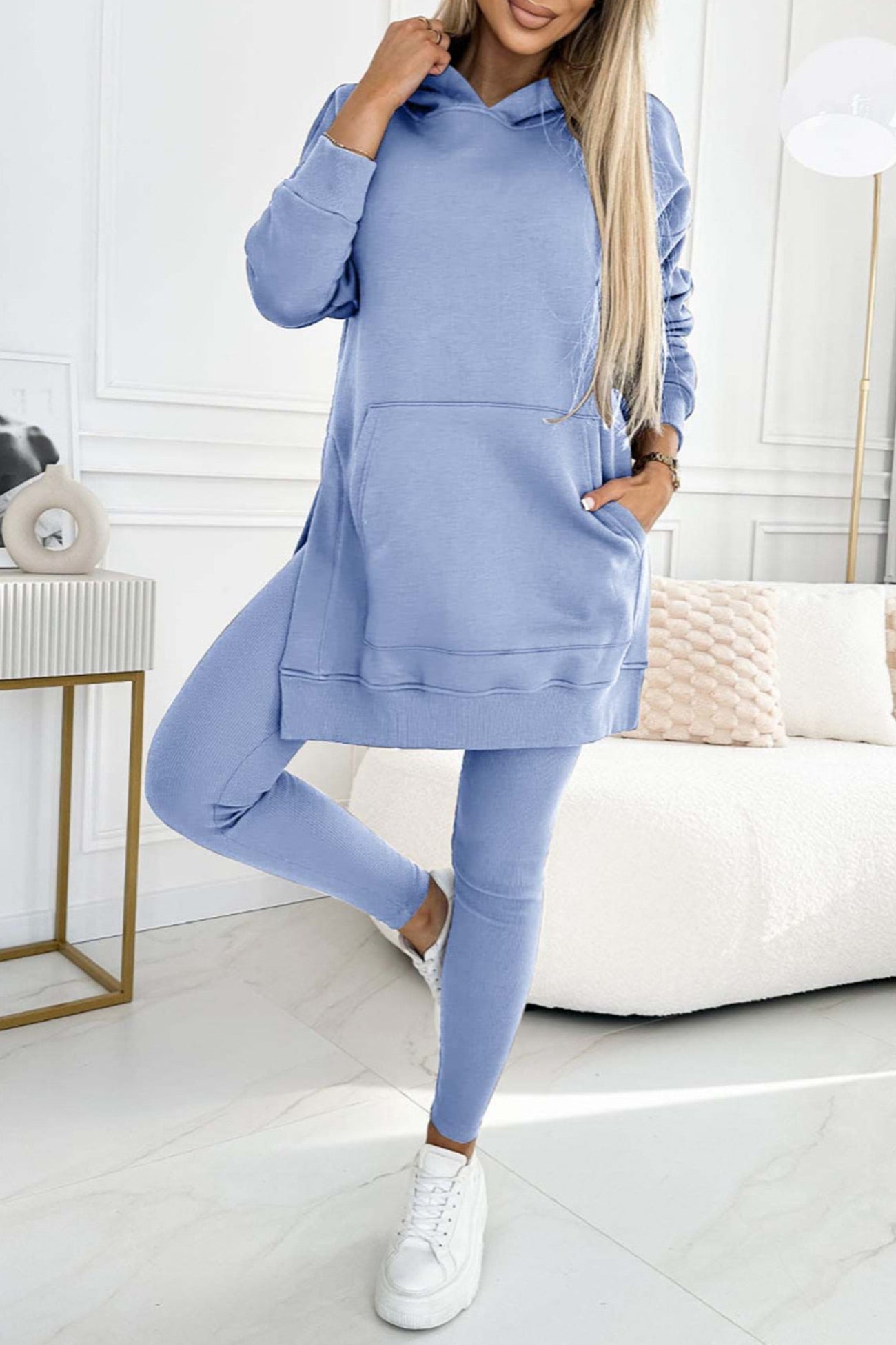 Women's mid-length slit hoodie sweatshirt and leggings set