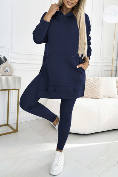 Women's mid-length slit hoodie sweatshirt and leggings set