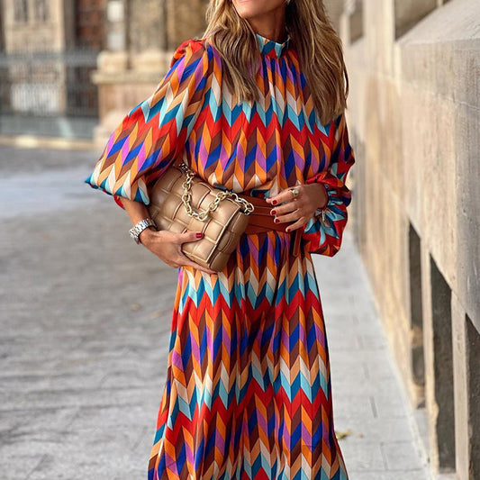 Geometric Pattern Belted Waist Long-Sleeve Dress