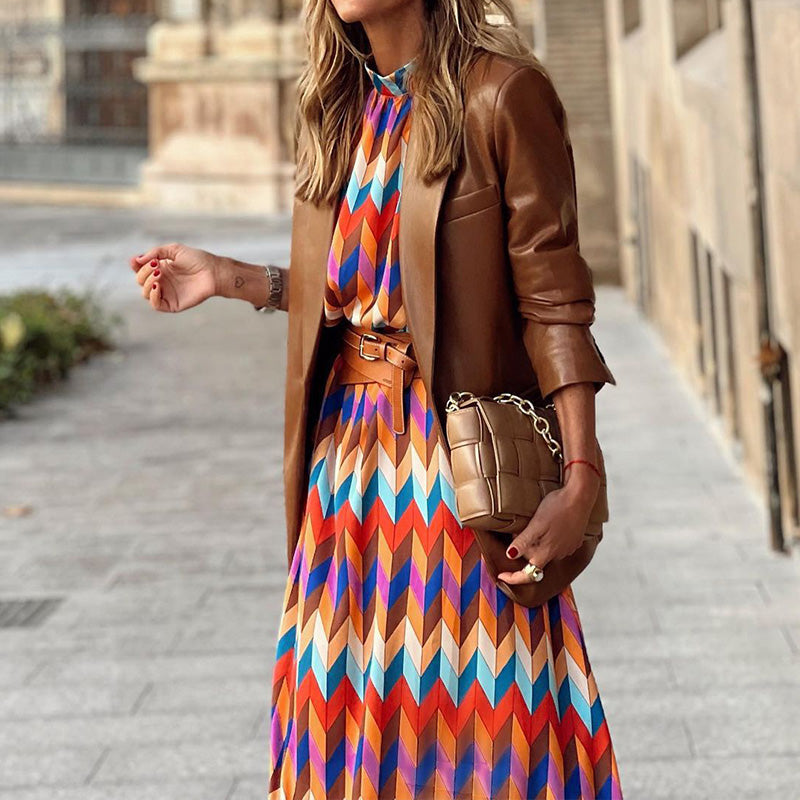Women's Long-Sleeve Dress - Geometric Chevron Pattern - High Neck - Belted Waist