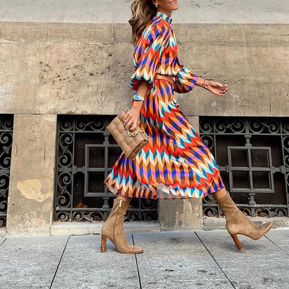 Women's Long-Sleeve Dress - Geometric Chevron Pattern - High Neck - Belted Waist