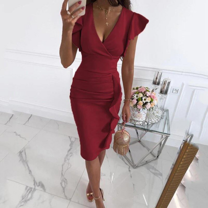 Women's Midi Dress - Bodycon Fit - V-Neck - Flutter Sleeve - Floral Print