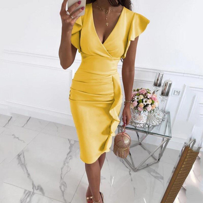 Women's Midi Dress - Bodycon Fit - V-Neck - Flutter Sleeve - Floral Print