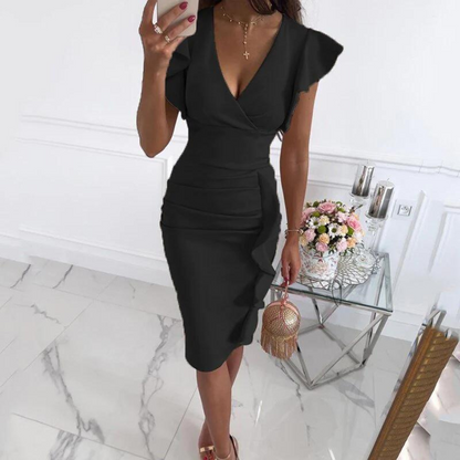 Women's Midi Dress - Bodycon Fit - V-Neck - Flutter Sleeve - Floral Print