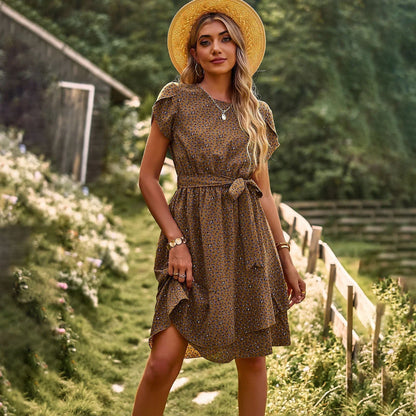 Women's Dress - Short Sleeve Knee-Length - Floral Print - Lightweight Flowy Fit