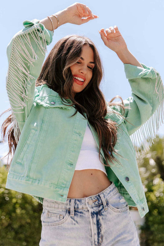 Fringe Sleeve Detail Cropped Denim Jacket