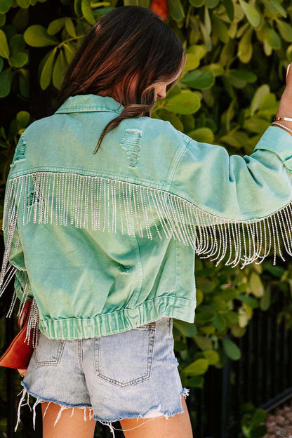 Women’s Denim Jacket - Cropped Fit - Button Front - Fringe Sleeve Detail - Casual Layer