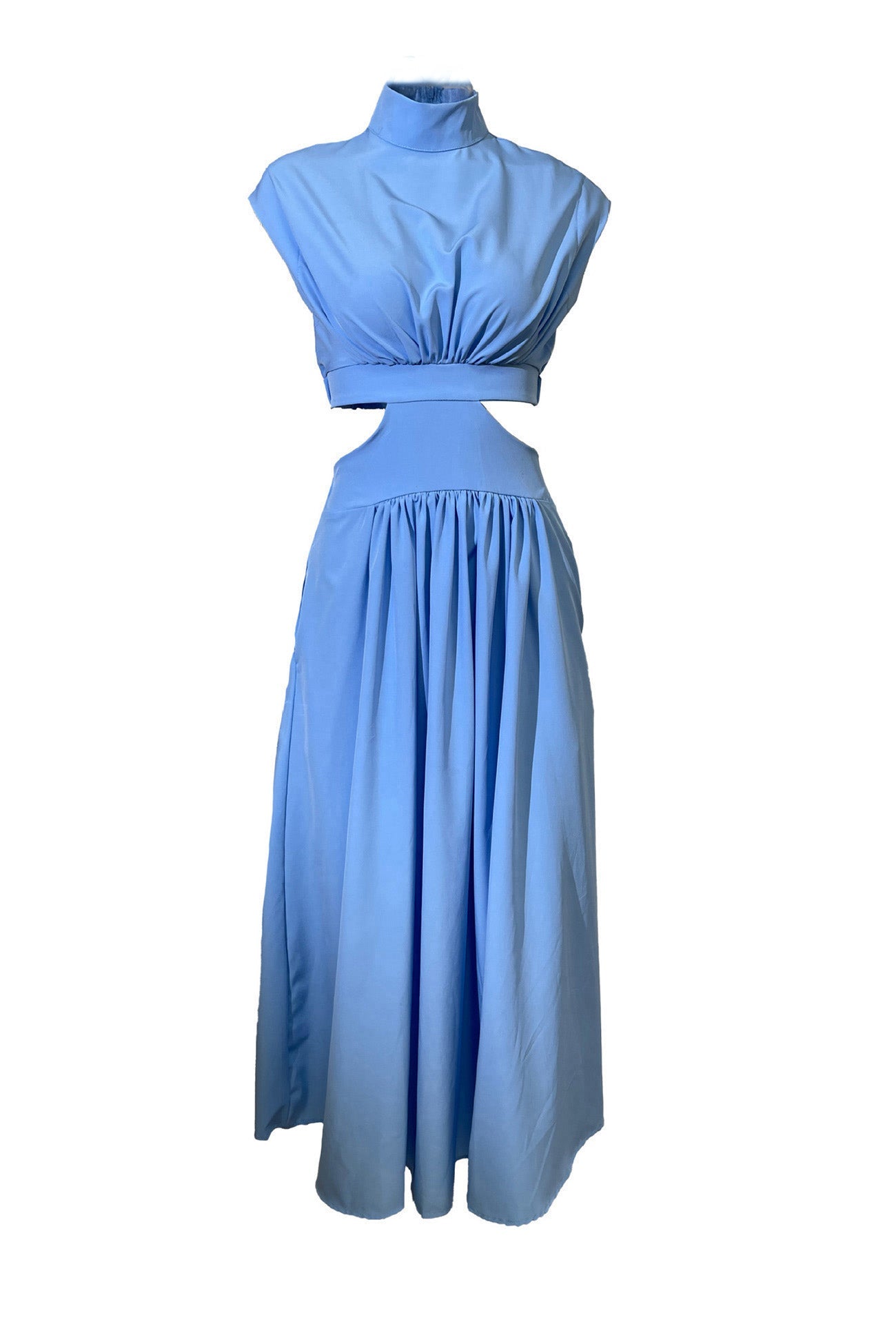 Women's Midi Dress – High Neck – Sleeveless – Fitted Waist – Cutout Detail – Flared Skirt