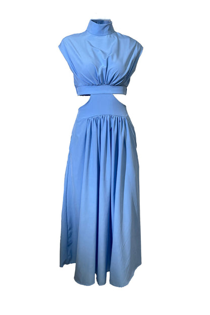Women's Midi Dress – High Neck – Sleeveless – Fitted Waist – Cutout Detail – Flared Skirt