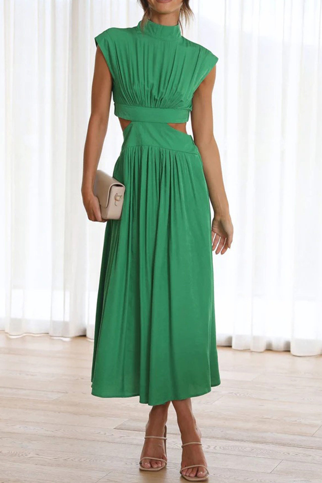 Women's Midi Dress – High Neck – Sleeveless – Fitted Waist – Cutout Detail – Flared Skirt
