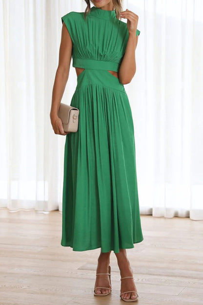 Women's Midi Dress – High Neck – Sleeveless – Fitted Waist – Cutout Detail – Flared Skirt