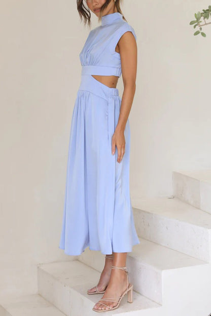 Women's Midi Dress – High Neck – Sleeveless – Fitted Waist – Cutout Detail – Flared Skirt
