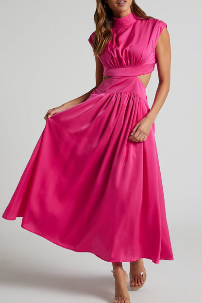 Women's Midi Dress – High Neck – Sleeveless – Fitted Waist – Cutout Detail – Flared Skirt