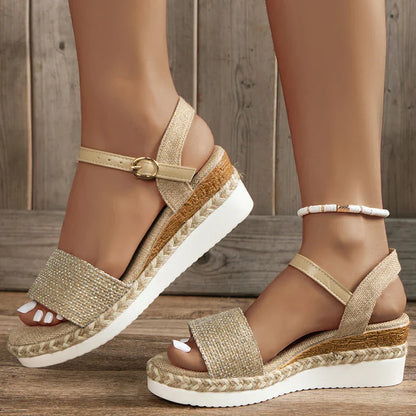 Women's Platform Sandals - Wedge Heel - Sparkling Toe Strap - Adjustable Ankle Buckle