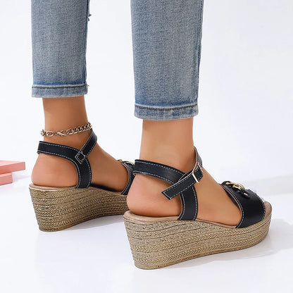 Women's Platform Sandals - Open Toe - Ankle Strap with Buckle - Chain Detail
