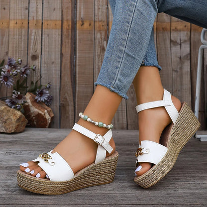 Women's Platform Sandals - Open Toe - Ankle Strap with Buckle - Chain Detail
