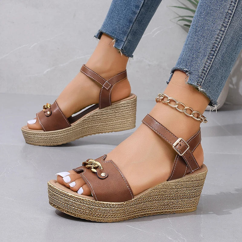 Women's Platform Sandals - Open Toe - Ankle Strap with Buckle - Chain Detail