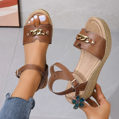 Women's Platform Sandals - Open Toe - Ankle Strap with Buckle - Chain Detail