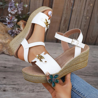 Women's Platform Sandals - Open Toe - Ankle Strap with Buckle - Chain Detail