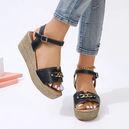 Women's Platform Sandals - Open Toe - Ankle Strap with Buckle - Chain Detail