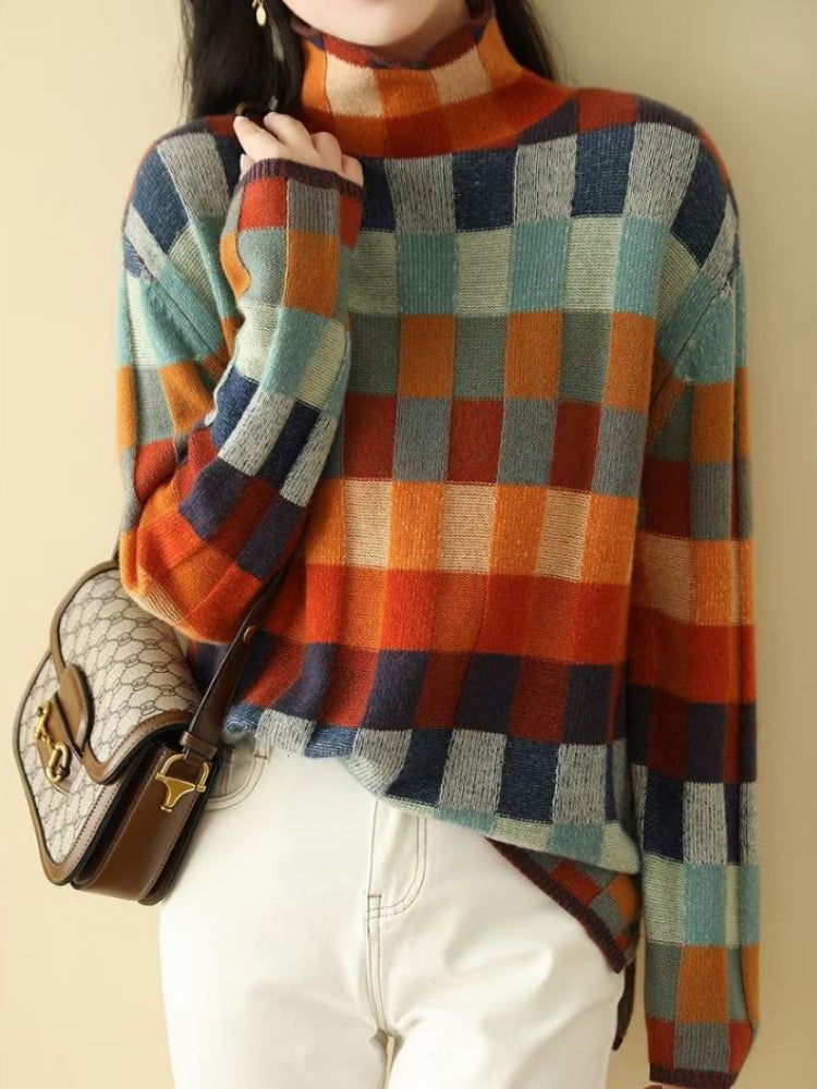 Women colorful checkerboard high-neck knit sweater