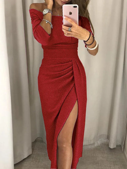 Women's Off-Shoulder Dress - Fitted Bodice - High Slit - Elegant Evening Wear