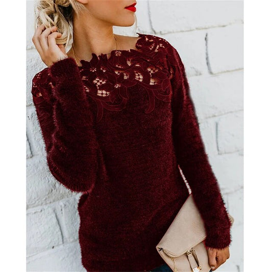 Fuzzy Knit Lace Overlay Sweater
