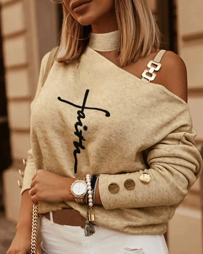 Women's chain decor off shoulder long sleeve top