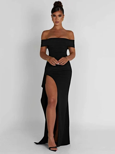 Women's Evening Gown - Off-Shoulder - Fitted Silhouette - High Slit Formal Dress