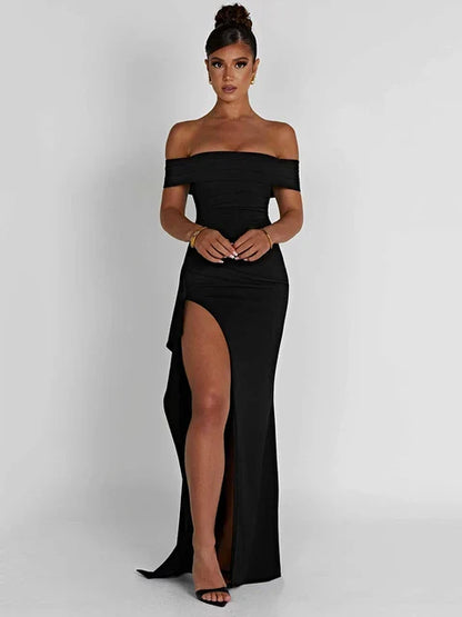 Women's Evening Gown - Off-Shoulder - Fitted Silhouette - High Slit Formal Dress