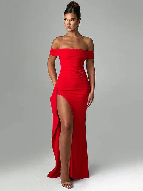 Off-Shoulder Fitted High Slit Evening Gown
