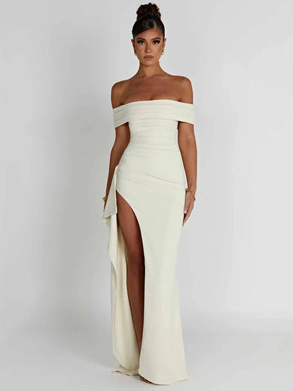 Women's Evening Gown - Off-Shoulder - Fitted Silhouette - High Slit Formal Dress