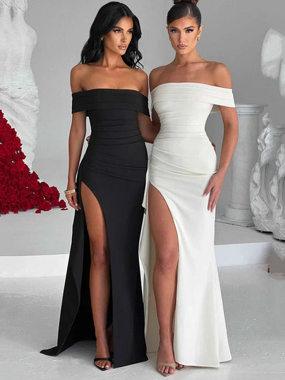 Women's Evening Gown - Off-Shoulder - Fitted Silhouette - High Slit Formal Dress