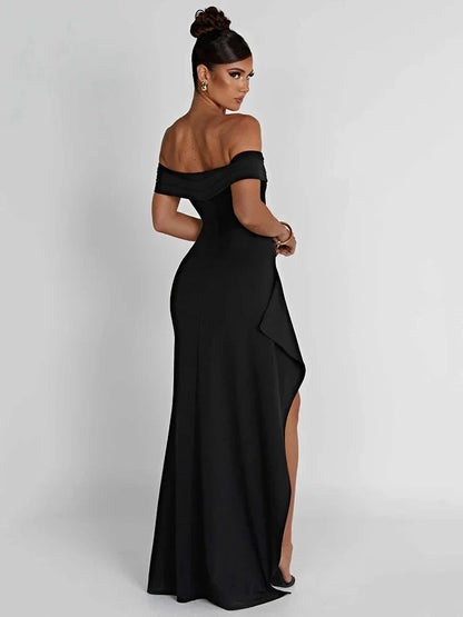 Women's Evening Gown - Off-Shoulder - Fitted Silhouette - High Slit Formal Dress