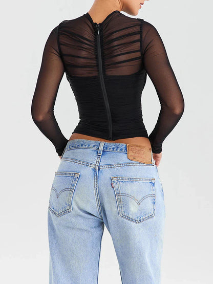 Waist-baring long-sleeve micro-transparent wrap top for women