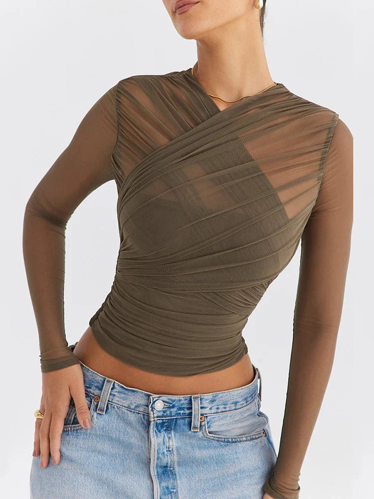 Waist-baring long-sleeve micro-transparent wrap top for women