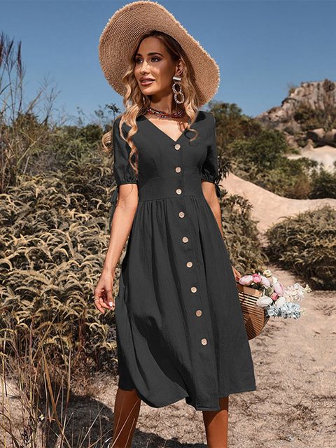 Women's Midi Dress - A-Line Silhouette - Button-Front - Short Tie Sleeve