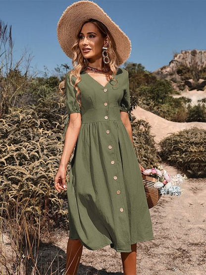 Women's Midi Dress - A-Line Silhouette - Button-Front - Short Tie Sleeve