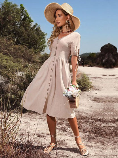 Women's Midi Dress - A-Line Silhouette - Button-Front - Short Tie Sleeve