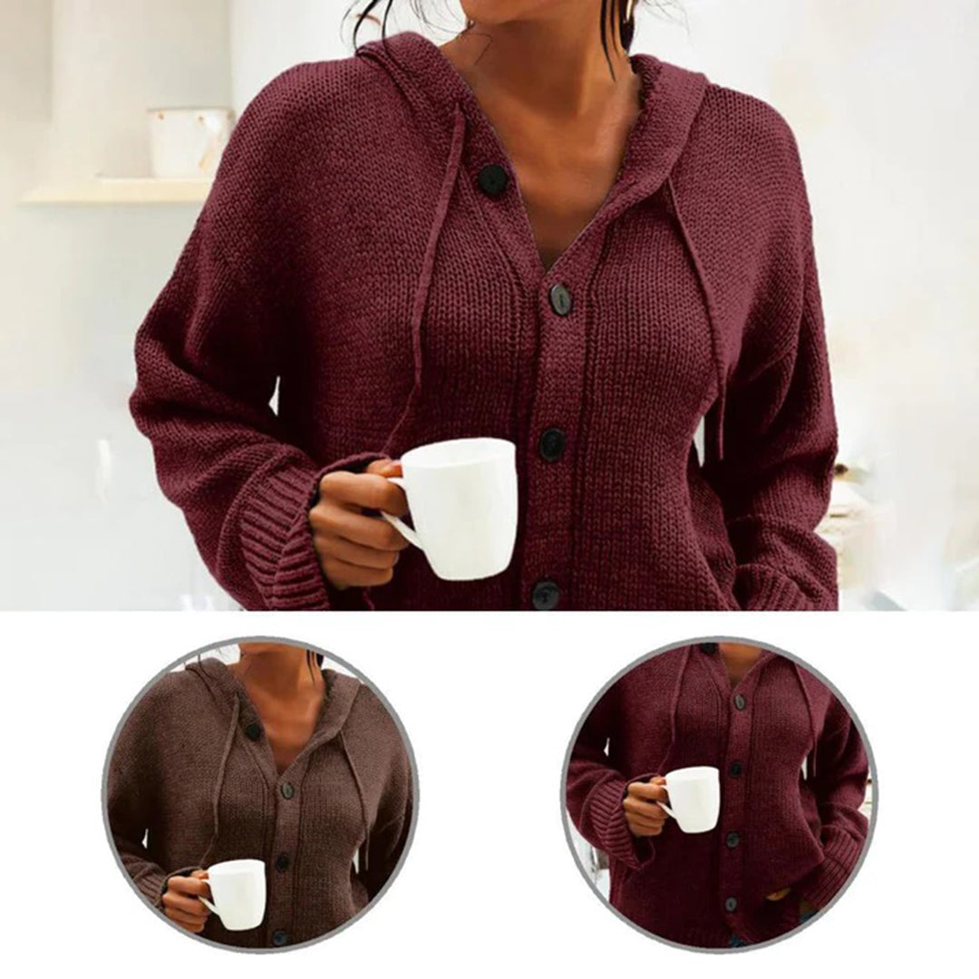 Women's solid color hooded button-down knitted cardigan