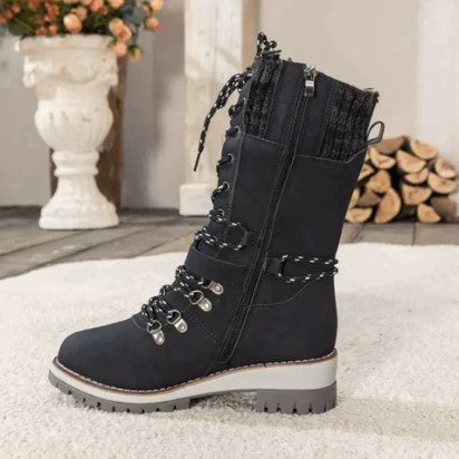 Women's mid-calf knitted boots with laces zipper and buckles